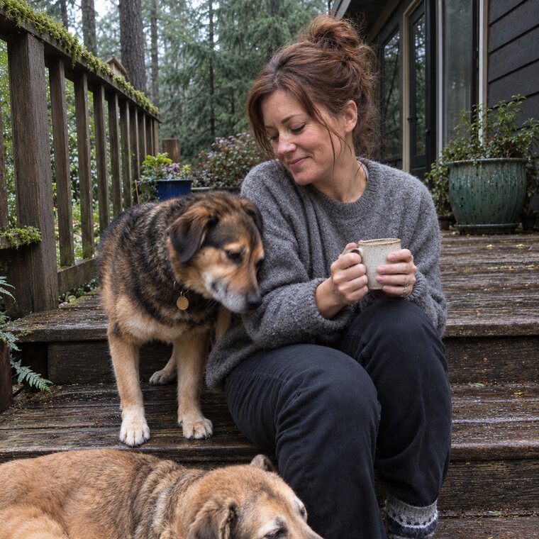 Mara Perry at home in Washington State with her two rescue dogs